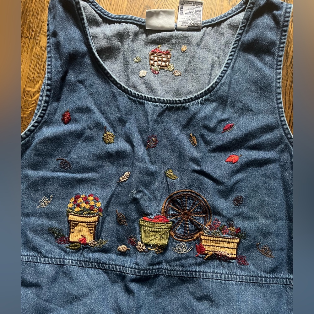 Vintage Bobbie Brooks Embroidered Denim Maxi Dress Jumper Autumn Leaves Apples - Picture 3 of 8